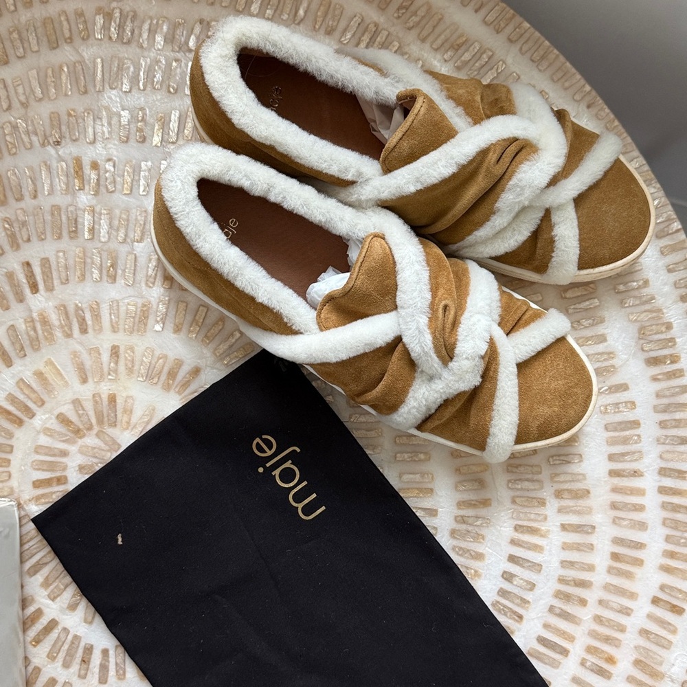 NWOT MAJE Tan and White Faux Fur Sneakers - Picture 7 of 8